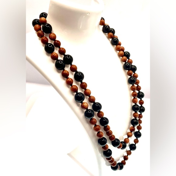 Beautiful Long Strand Fine Genuine Knotted Goldstone Black Onyx Beaded Necklace - Picture 6 of 7